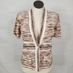 Vintage Multicolor Knit Short-Sleeve Cardigan - Cream, Pink, Black